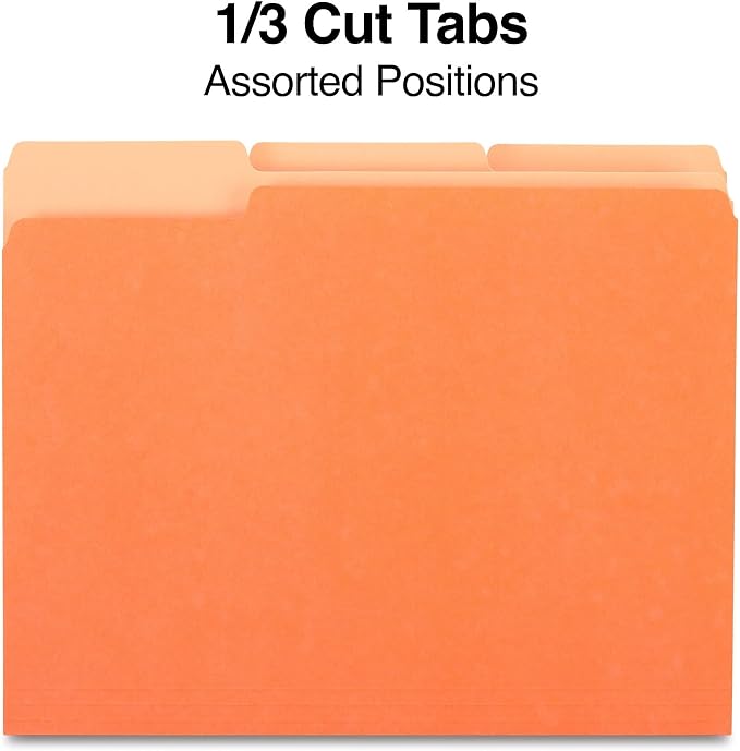 Staples File Folder, Letter Size, 1/3‑Cut Tab, Orange, Durable Paper Stock, 200/Carton