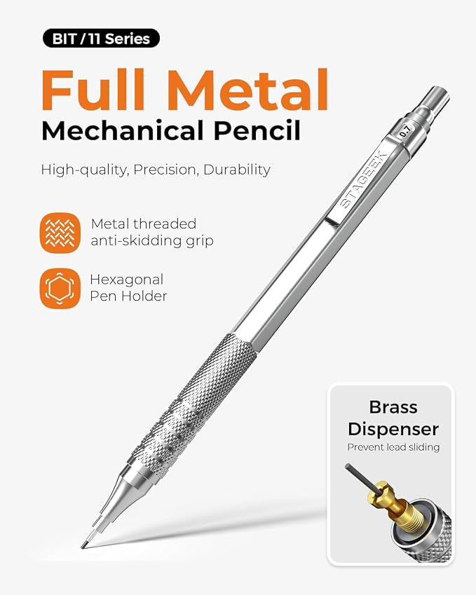 STAGEEK Metal Mechanical Pencil Set in Leather Case, 5PCS Art Drafting Pencil 0.3, 0.5, 0.7, 0.9 & 2mm Lead Holder, 9 Tube (4B 2B HB 2H Colors) Lead Refills for Drawing, Sketching, Writing (Silver)