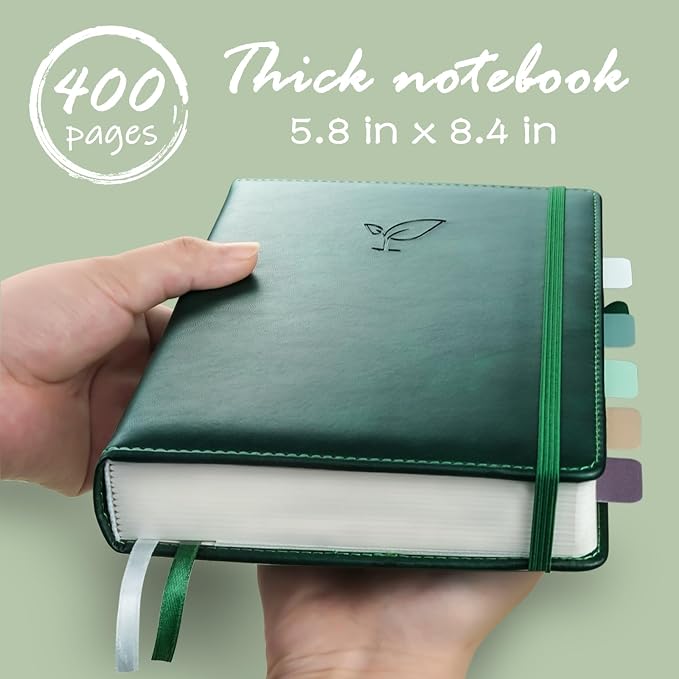 Hoci Poci 400 Pages Lined Journal Notebook, 5.8" x 8.4", Green | Thick Journal for Writing, A5 Hardcover Leather Notebook with 100Gsm College Ruled Paper for Women Men Work Note taking