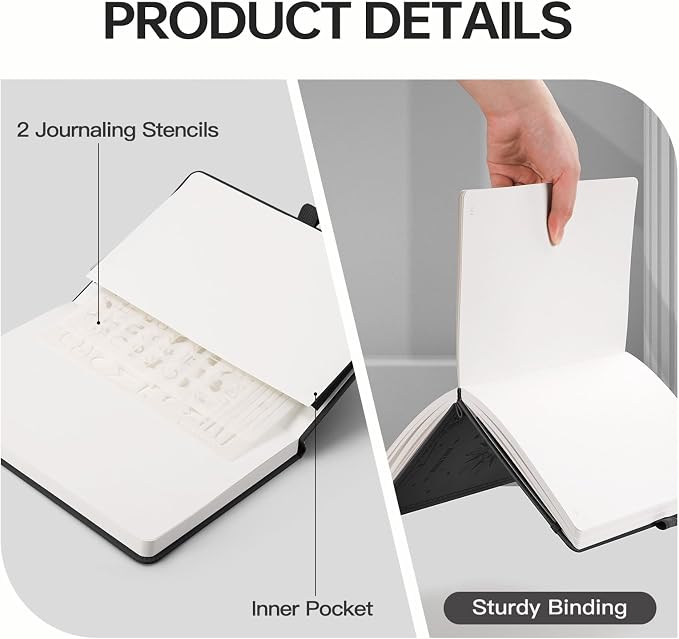 EMSHOI Dotted Journal Notebook, 192 Pages, A5 Size (5.7'' x 8.3'') | Leather Hardcover, 100 GSM Thick Paper, for Journaling, Planning, Tracking & Sketching, Sun Debossed (Black)