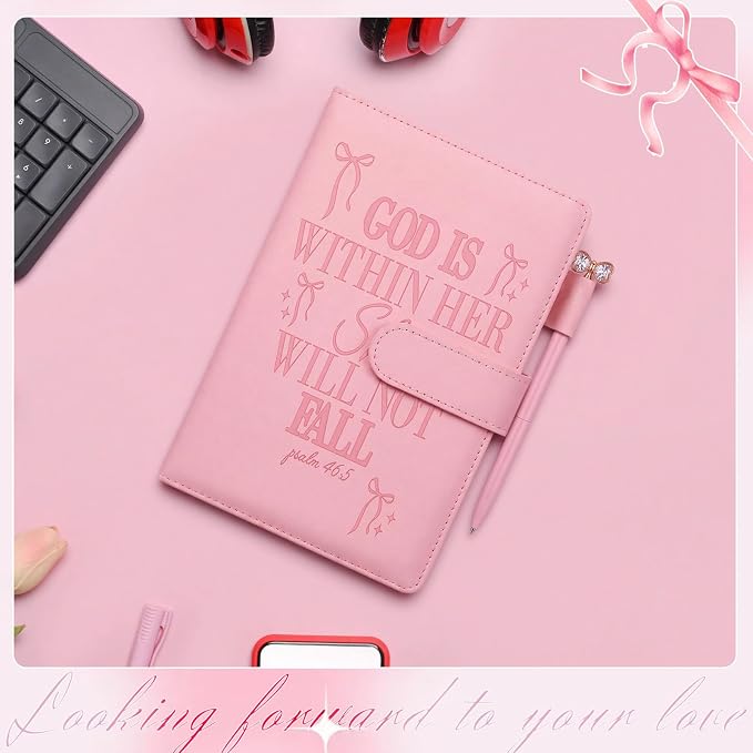 Thenshop 3 Pcs Bible Verse Leather Journal for Women Coquette Bow Christian Journal with Pen & Gift Box God Is Within Her Notebook for Faith Religious Gifts Prayer Bible Study Supplies 5.7×8.4″