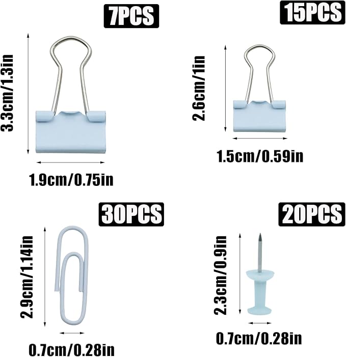 Office Supplies Set, Paper Clips, Push Pins and Binder Clips Set with Box for Office, School and Home(Light Blue)