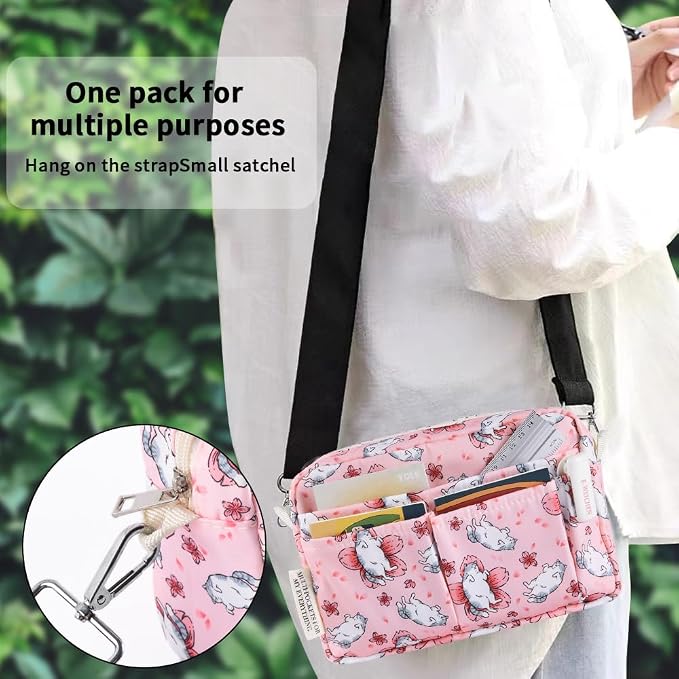 E-WEICHEN Multiple Pockets Portfolio Organizer with Zippered, Makeup Bag Travel Essentials for Women, Simple Waterproof Stationery Pencil Pouch Bag for Journal Office Art Supplies.Pink Cat