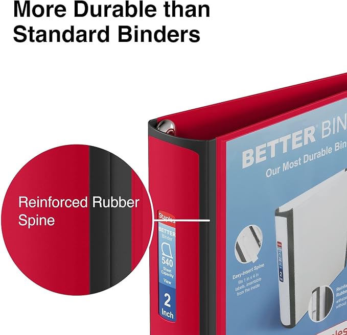 Staples Better Binder, 2" D‑Ring Heavy‑Duty 3‑Ring Binder, Red, Reinforced Spine, Holds 540 Sheets, Durable for Office, School & Presentations, 2‑Pack