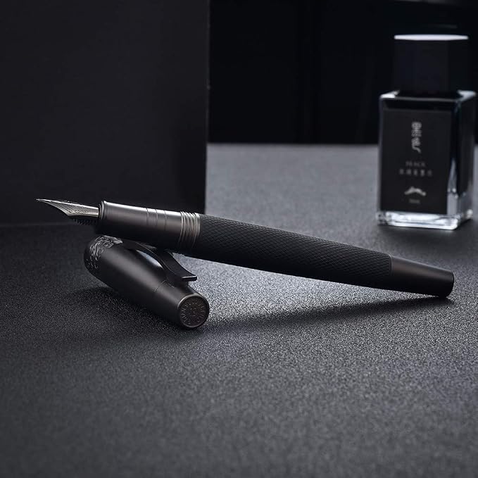 Hongdian 6013 Pure Black General Fountain Pen, PVD Coated Black Medium Nib Solid Metal Pen with Metal Box
