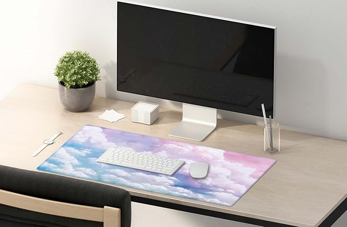 SSOIU Watercolor Pastel Sky Desk Mat, Cloud and Pink Sky Extended Mouse Pad, XXL Gaming Mouse Pad, 35.5x15.7inch