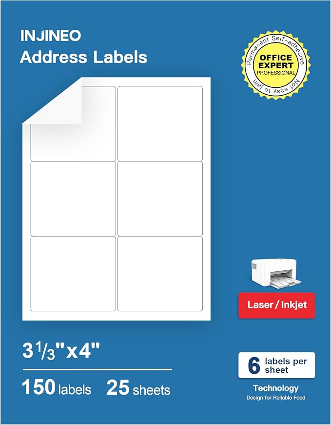 Address Labels, 3-1/3"x4 Shipping Address Labels for Inkjet & Laser Printers, Mailing Labels Compatible with 5164, 5264 and 8164 Labels, Easy to Peel (150 Labels, 25 Sheets)
