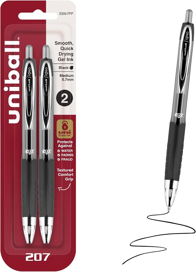 uniball™ 207 Gel Pens, Black Ink, 0.7mm Medium Point, Retractable, 2 Count, Smooth Writing, Fraud-Resistant, uni Super Ink™