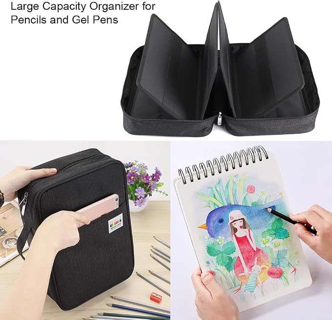 BTSKY Colored Pencil Case 300 Slots Pen Pencil Bag Organizer with Handy Wrap Portable- Multilayer Holder for Crayola Colored Pencils & Gel Pen(Black)