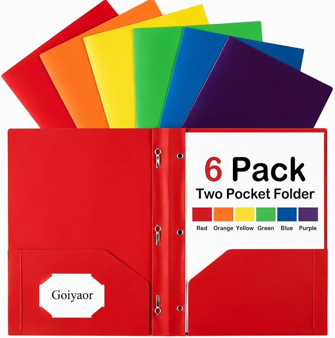 6 Pack Plastic Folders with Pockets and Prongs, 2 Pocket Folders with Fasteners, Heavy Duty Poly Folders with Brads for 3 Hole Punched Paper, File Folders for School Office Home Organization