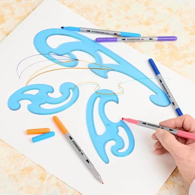 STAEDTLER Mars Professional French Curve Design Ruler Set for Pattern Making 18-Pack (18 Sets of 3 pcs), 3 Essential A B C Shapes, Blue Transparent Plastic with Inking Edge, 54 Count