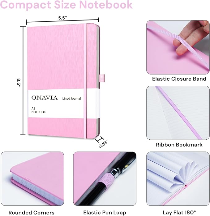 ONAVIA A5 Notebooks for Work, Lined Journal, 6 Pack, 160 Pages, Assorted | 80 Sheets, 5.8 x 8.3 in, Lay Flat, College Ruled, A5 Hardcover Journal, Lined Notebook for Work, School, Note Taking