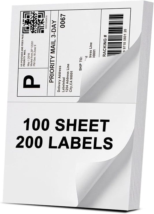 Address Labels, 2 UP Shipping Stickers for Laser & Inkjet Printers,8.5" x 5.5" Shipping Mailing Labels, 2 per Page Shipping Labels, 5 1/2 x 8 1/2 Half Sheet Labels, 200 Labels