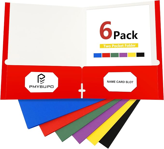 pmybupo 6 Pack Two Pocket Folders,Paper Folders with Pockets Fit 8.5 x 11 Letter Size Paper,6 Rainbow Colors File Folders Business Card Slot,Back to School Supplies.