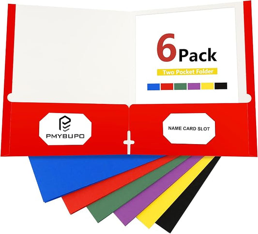 pmybupo 6 Pack Two Pocket Folders,Paper Folders with Pockets Fit 8.5 x 11 Letter Size Paper,6 Rainbow Colors File Folders Business Card Slot,Back to School Supplies.