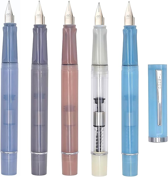 5-Pack Jinhao 58D Fountain Pen Set, Transparent Resin 0.5mm Fine Nib | Transparent Resin Fountain Pens With Converter & Pen Pouch. Ergonomic Design For Daily Office, Journaling & School Use.