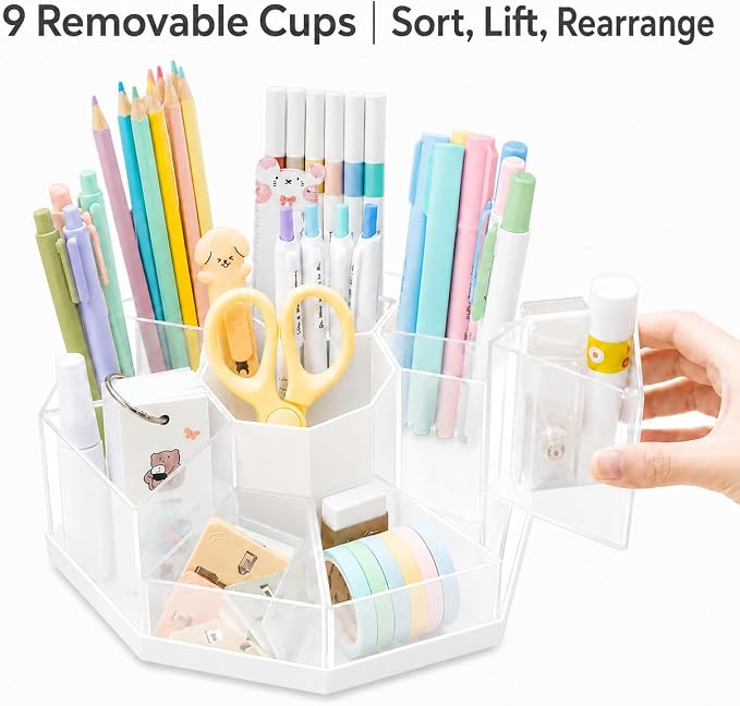 Rotating Pen Holder for Desk, 360 Degree Desk Organizer, Desktop Storage | with 9 Removable Compartments, Detachable Pencil Holder and Art Supply Organizer for Office, School, Makeup Brushes, Markers