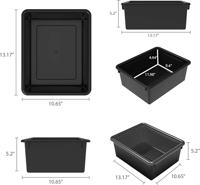 Storex Letter Size Deep Storage Tray – Organizer Bin for Classroom, Office and Home, Black, 5-Pack (62523A05C), 10 x 13 x 5 Inches