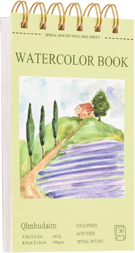 Qlmhudaim Watercolor Paper Pad 3.5x5.5 Inch | 30 Sheets | 140lb/300g Spiral-Bound Tear-Resistant No-Bleed, Artist-Grade Watercolor & Ink, Travel Sketchbook Adults Students Outdoor