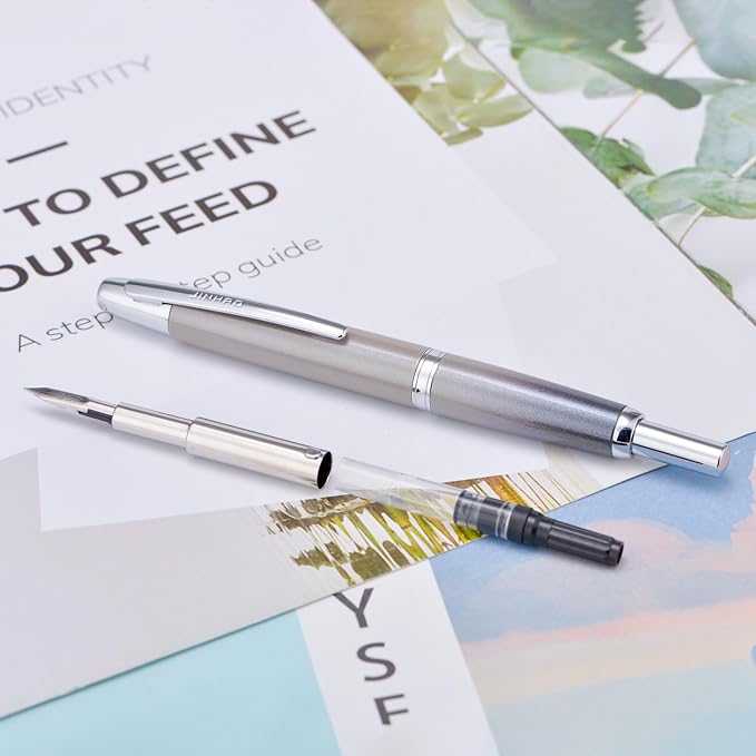 Jinhao 10 Press Fountain Pen with Box, Gradient Gray Retractable Fine Nib with Ink Converter Set (Silver Clip)