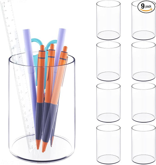 Clear Acrylic Desk Organizer Set - 9 Pack Pen Pencil Holder, Stylish Round Makeup Brush and Stationery Storage Container, Ideal for Home, School and Office Supplies