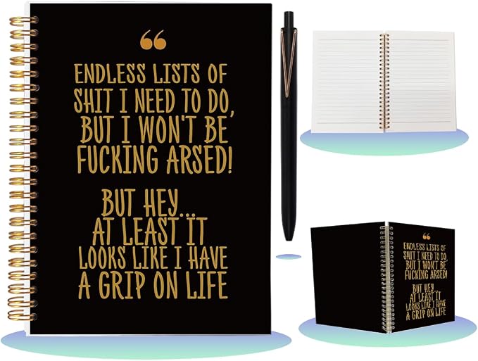 Funny Office Notebook for Work - Sarcastic A5 Spiral Journal & Pen Set, Hilarious to Do List Planner, Coworker Goodbye Leaving Gift, 80 Sheets College Ruled, Black & Gold
