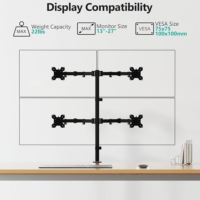 WALI Quad Monitor Desk Mount, 4 Monitor Stand Fits Heavy Duty Computer Screen up to 27 inch, Full Adjustable Arm Holds up to 22 lbs per Arm (M004), Black