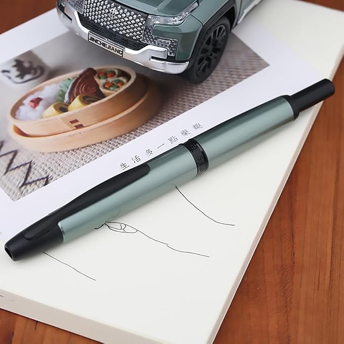 erofa Majohn A1 Press Fountain Pen Fine Nib with Box, Retractable Green Metal Ink Pen with Converter Writing Set (Black Clip Version)
