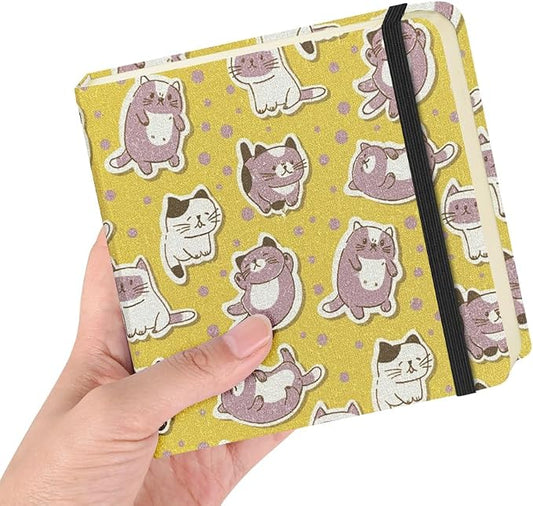 4.8" Square Pocket Sketch Book,Hardcover Art Sketchbook for Drawing Journal | Cloth Cover,80gsm Blank Paper,96Sheets,Lay-Flat,Portable Travel Creation Paint Diary Memo Planner,Dry Media.Yellow Cat