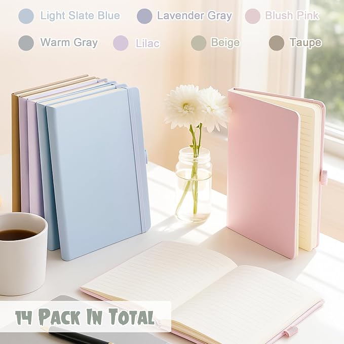 Laumoi 14 Pack Hardcover Journal Notebooks Bulk A5/A4/B5 Journaling Notebook Wide Ruled PU Leather Ruled Lined Journals with Pen Holder for School Business Work Writing (Morandi Color,A5)