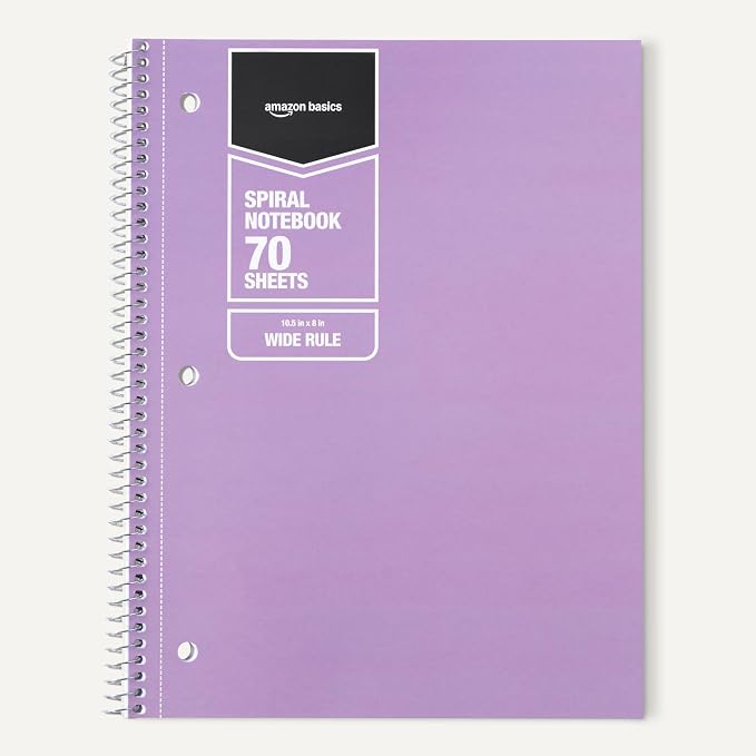 Amazon Basics Wide Ruled Spiral Notebooks, 8" x 10-1/2", 70 Sheets, Assorted Pastel Solid Colors, 5 Pack