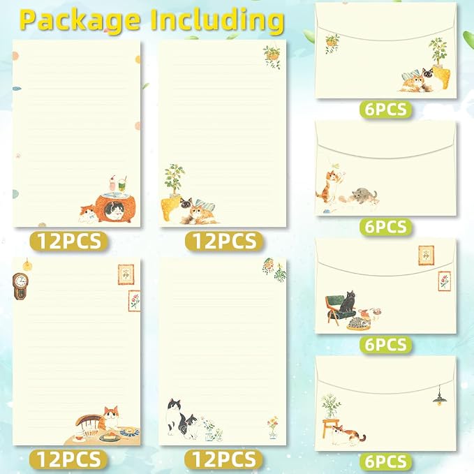 72 Pieces Cute Cat Writing Paper and Envelopes, 8.3x5.6 Inch Stationery Set, 48 Lined Sheets & 24 Envelopes, Kitty Design for Letters, Invitations, Gifts, Holidays, Party Notes