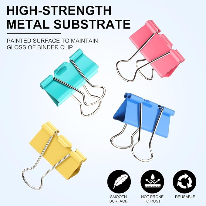 Large Binder Clips 1.6 Inch (60 Pack) Assorted Colors, Colored Binder Clips Paper Clips, Big Paper Clamps, Binder Clips Large Size for Home, School and Office Supplies