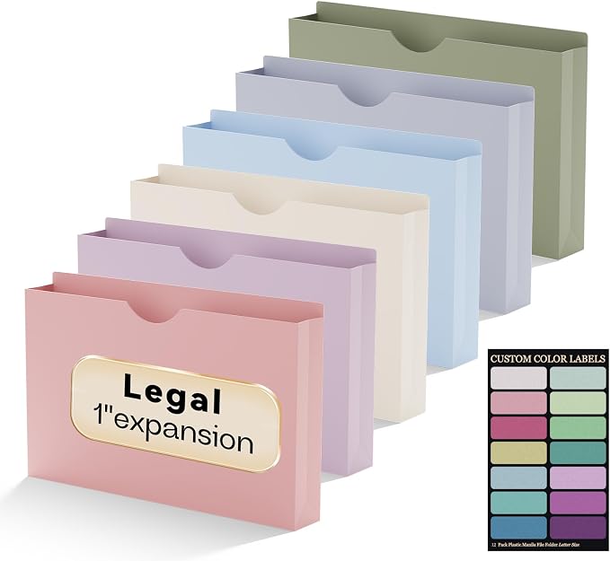 Plastic 1 Inch Manila File Jackets Legal Size,Expansion Pocket | 12 Pack Manilla Pocket Folders,Expandable File Jackets for Document,Straight Cut Tab,Poly Project File Jacket,Pastel Color