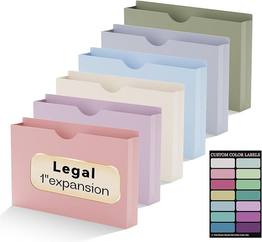 Plastic 1 Inch Manila File Jackets Legal Size,Expansion Pocket | 12 Pack Manilla Pocket Folders,Expandable File Jackets for Document,Straight Cut Tab,Poly Project File Jacket,Pastel Color