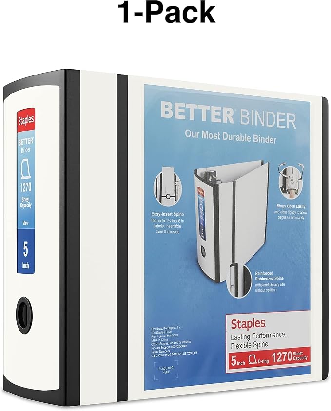 Staples Better Binder Heavy-Duty 5-Inch D-Ring View Binder, Reinforced Spine, Holds Up to 1,000 Sheets, White, for Office & Archiving