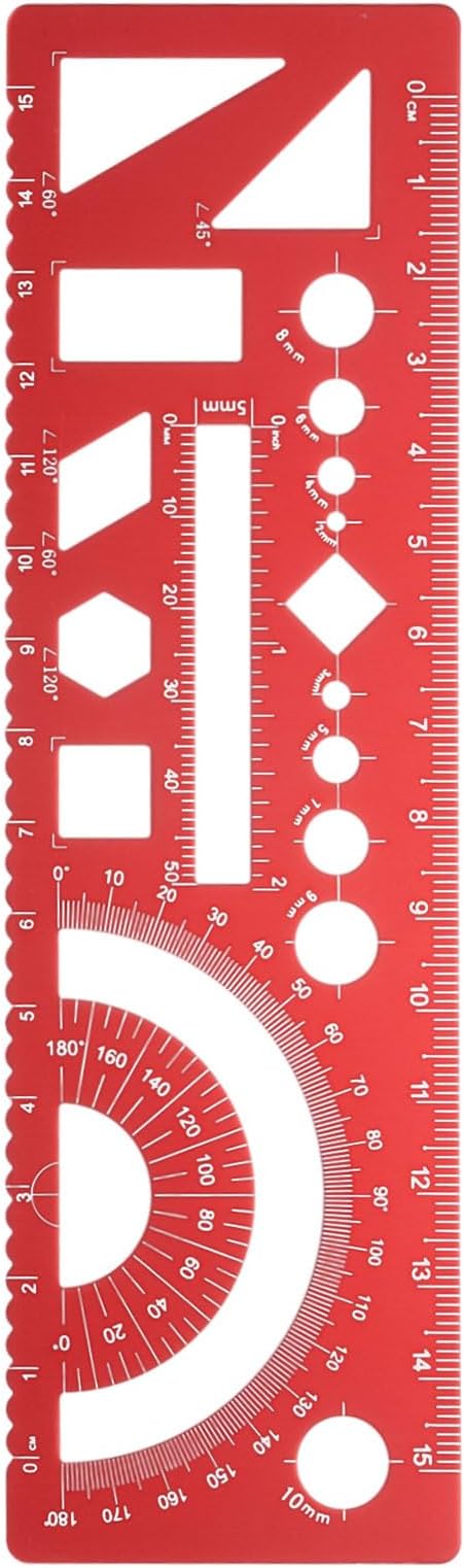 HARFINGTON Multifunctional Geometric Rulers 15cm Metric and SAE Aluminum Straight Edge Protractor Angle Math Measuring Ruler Geometric Drawings Templates for Drawing Drafting, Red