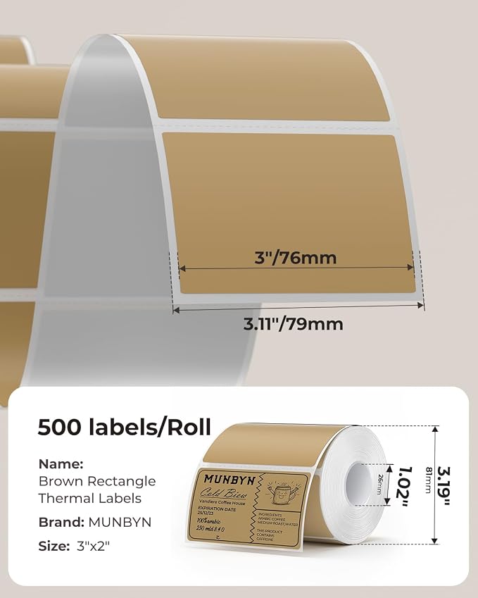 MUNBYN 3x2 Thermal Labels, 500 Sheets/1 Roll, Brown | Strong Adhesive & Perforated, Non BPA&BPS for Small Business, Shipping, Bakery, Barcode, Price Tag