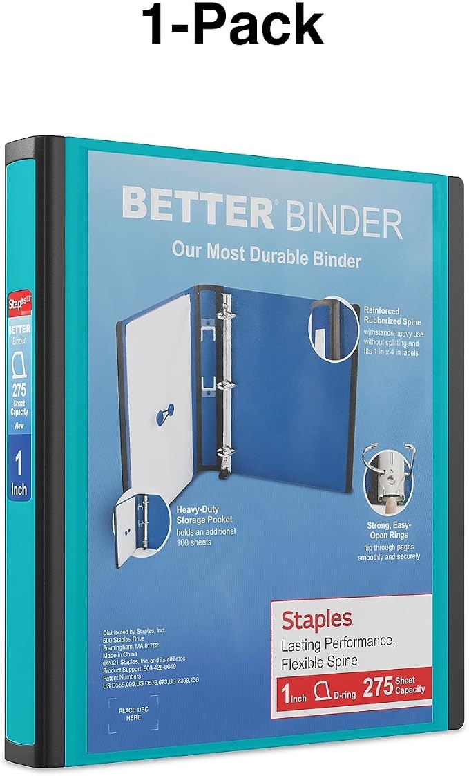 Staples 1-Inch 3-Ring Better Binder, Durable View Binder for Everyday Organization, Teal, 3-Pack