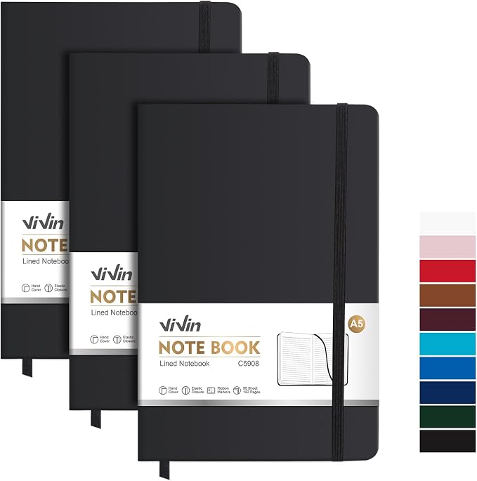 ViVin Lined Journal Notebooks,3 Pack,192 Pages,Medium 5.5 x 8.3 inch,College Ruled,A5 Hardcover Notebooks,Journaling Notebooks for Professional Office Work,Writing, School