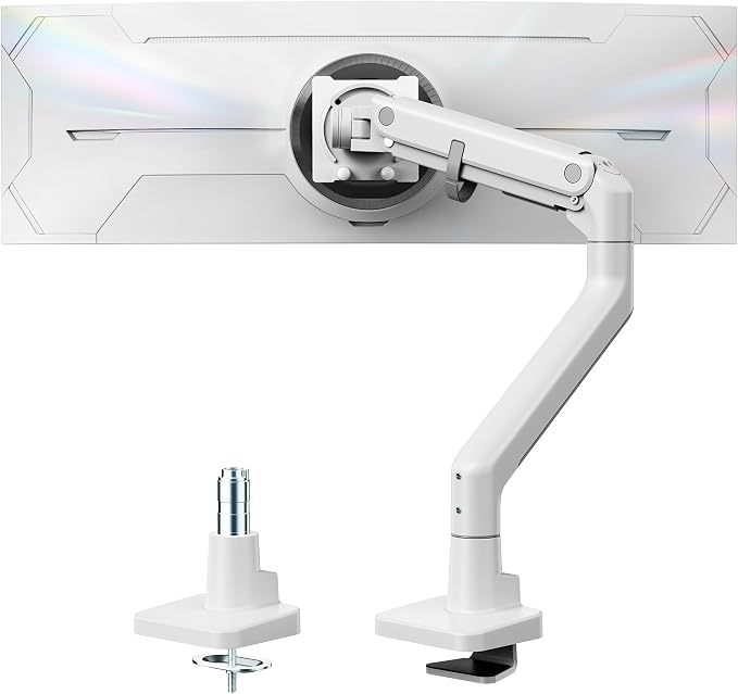 monTEK Heavy Duty Monitor Arm, 17-57" Ultrawide, Gas Spring, 59.4 lbs，White | Desk Monitor Mount Holds 49" 57" Ultrawide Curved Screen Up to 59.4 lbs with No Sag,Clamp & Grommet Arm,75/100 VESA