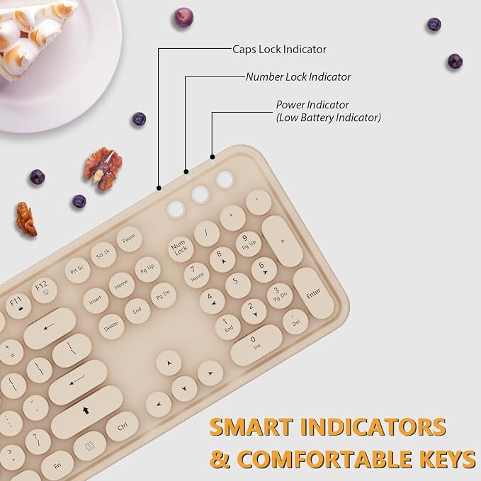 Wireless Keyboard,KOOTOP Cute Colorful 104 Keys Typewriter Retro Round Keycaps Keyboard for PC Laptop,Desktop,Windows, Home and Office Keyboards, s500 coffee