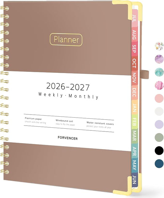 Forvencer Academic Planner 2026-2027, Hardcover Calendar Planner Weekly & Monthly, July 2026 - June 2027, 8.5" x 11", Daily Agenda with Tabs, College School Organizer for Student Teacher, Brown