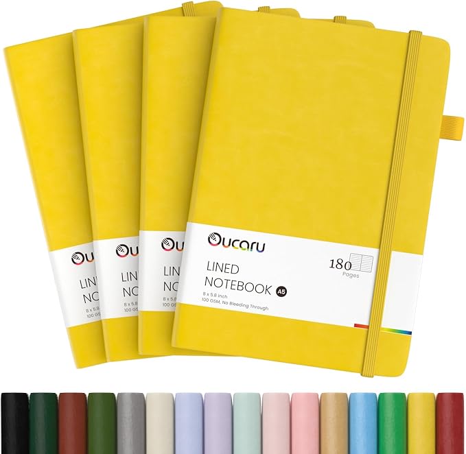 Oucaru Lined Journal Notebook, 4 Pack, 180 Pages, A5 Journals for Writing, 100 GSM Thick Paper, Small Notebooks Daily Journal for Women Men Work, Business, School, Travel Supplies