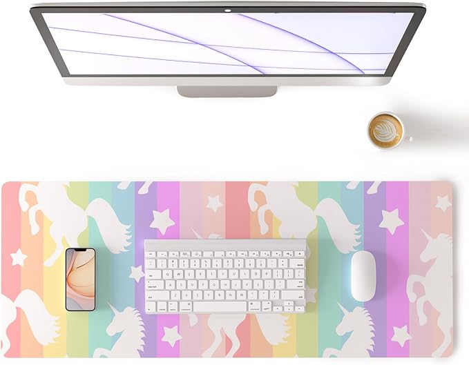 Colorful Star Unicorn Rainbow PU Leather Waterproof Desk Pad, 31.5" x 11.8" | Girls Women Cute Desk Mat, Rainbow Desk Accessories Kawaii Office Décor, Non-Slip Large Writing Mat for Kids
