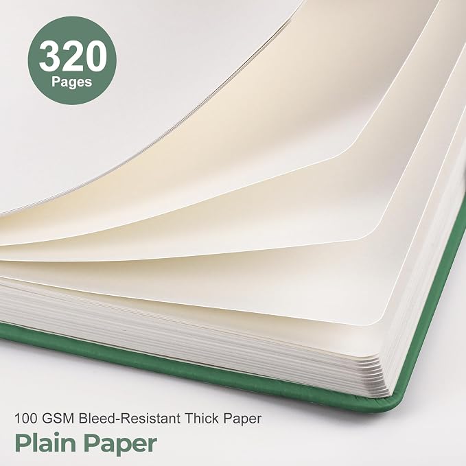 EMSHOI Blank Journal Notebook, 320 Pages, A5 Size (5.7'' x 8.3'') | Leather Hardcover, 100 GSM Thick Paper, Unlined, Plain, for Sketching, Drawing, Painting, Sun Debossed (Dark Green)