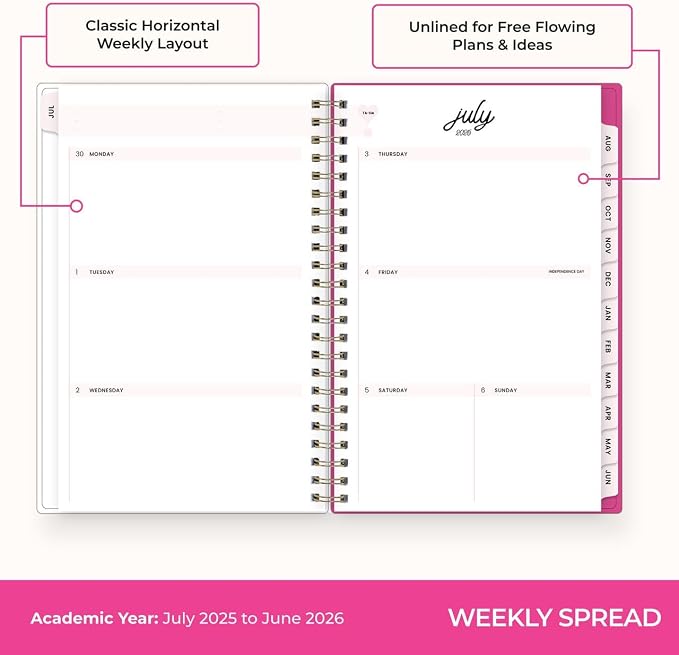 Blue Sky 2025-2026 Weekly & Monthly Academic Planner, 5"x8", Bloom Pink | July 2025 - June 2026, Flexible Cover, Wirebound, Laminated Tabs, Storage Pocket, Academic Year, Color Me Courtney