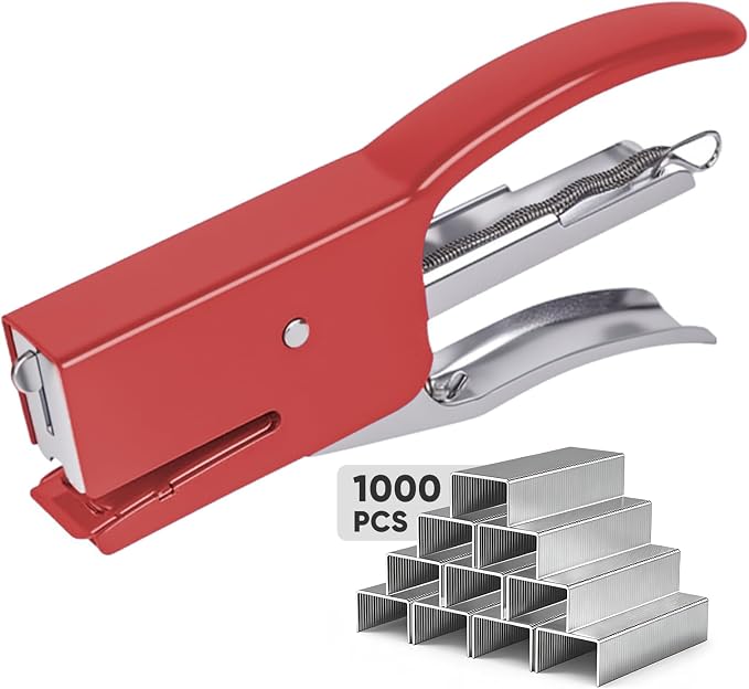 Heavy-Duty Handheld Plier Stapler with 1000 Standard 1/4" Staples, All-Metal Ergonomic Easy Grip Stapler, Smooth Jam-Free for Office, School, Home, Classroom Supplies, Documents, Receipts – Red