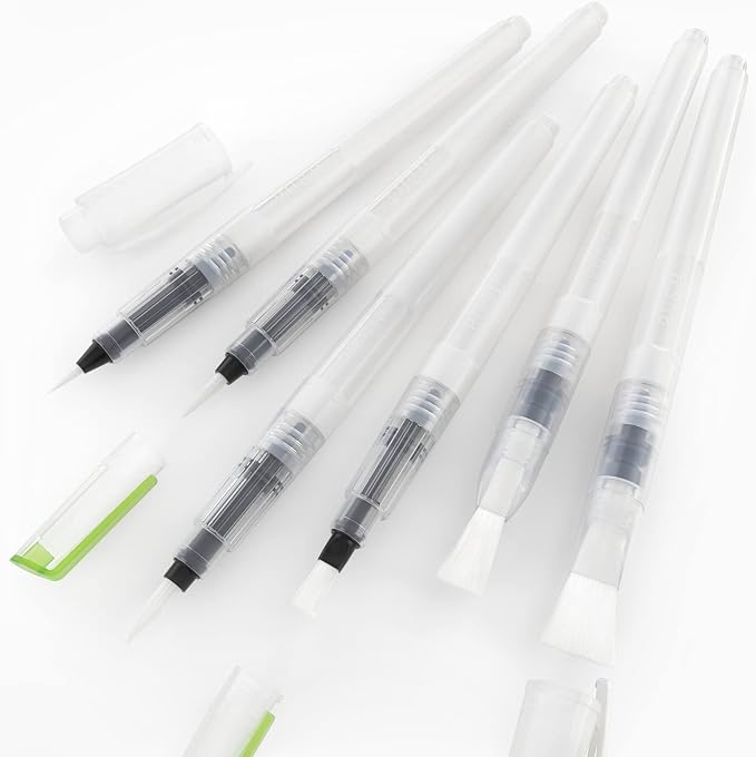 ARTEZA Water Brush Pens, Set of 6, Refillable Self-Moistening Watercolor Brush Pens with Round and Flat Nylon Tips for Painting, Calligraphy, Lettering and Travel