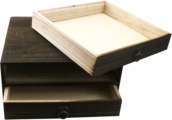 Wooden Desk Organizer 10" x 9.5" x 4.4" Mini Desk Drawer Tabletop Storage Organization Box Vintage Decorative Small Wooden Box（2 Floors）